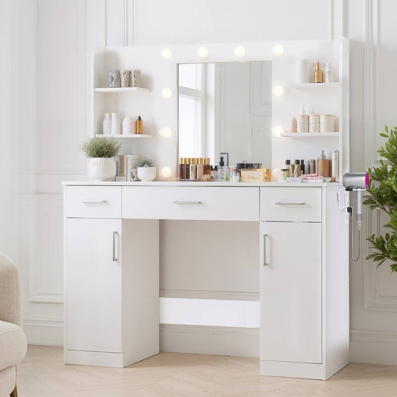 White Makeup Vanity Dressing Table with Adjustable Mirror, Shelves & Power Outlet, for Bedroom