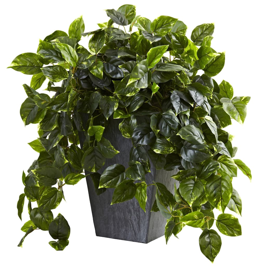Hanging Artificial Plant with Slate Planter, Indoor Outdoor Decor, UV Resistant Greenery, Antique Accents Home Decor - 2.42ft.