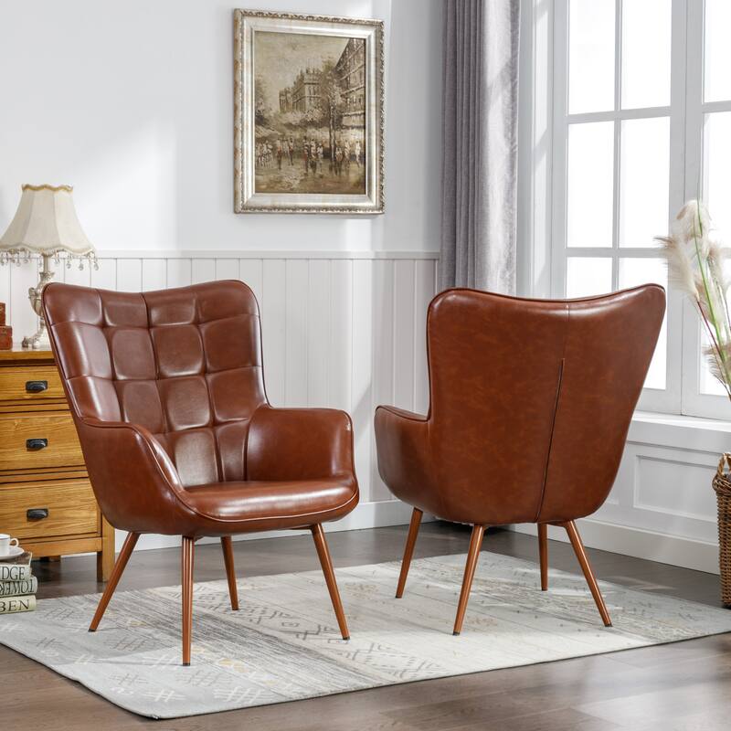 Vintage Wingback Chair Tufted Button PU Leather Accent Chair