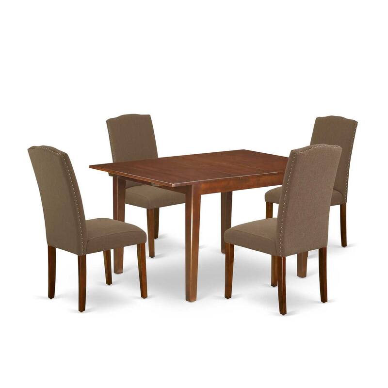 HomeStock 5-Piece Rectangle Mahogany Finish Solid Wood Top Dining Table with 4-Parson Chair with Butterfly Leaf