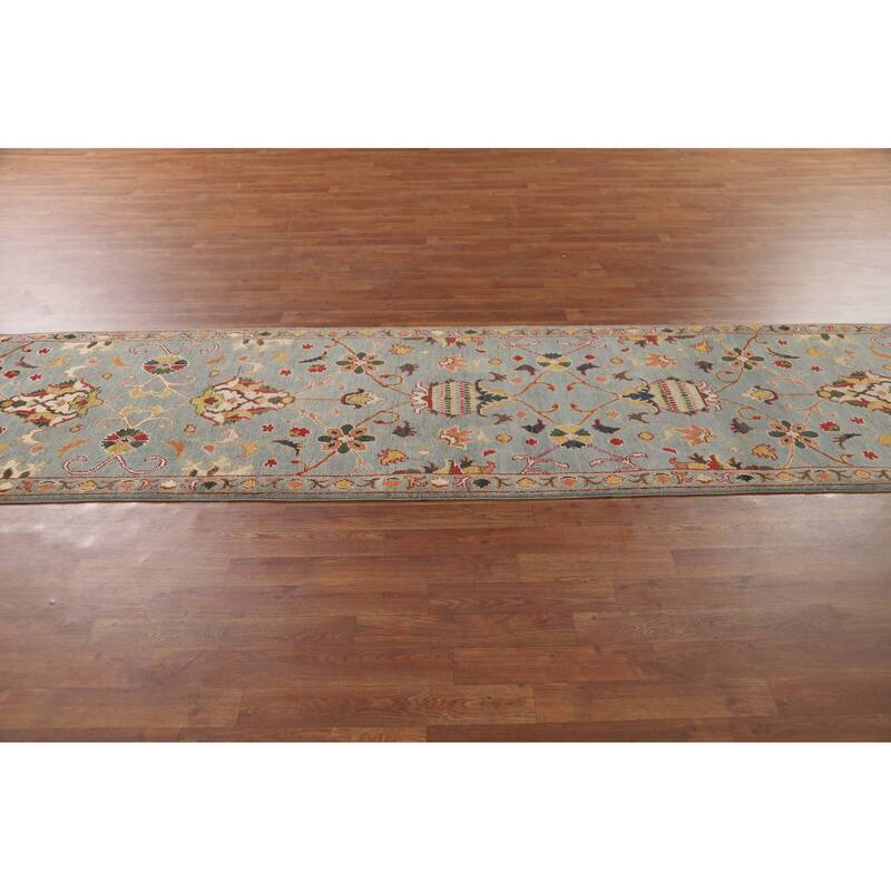 Light Blue Oushak Oriental Runner Rug Handmade Wool Carpet - 2'9" x 10'5"