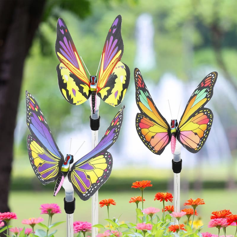 Exhart Solar Fiber Optic Color Changing Butterfly Garden Stake Set of 3 with LED Stake, 5 by 30 Inches