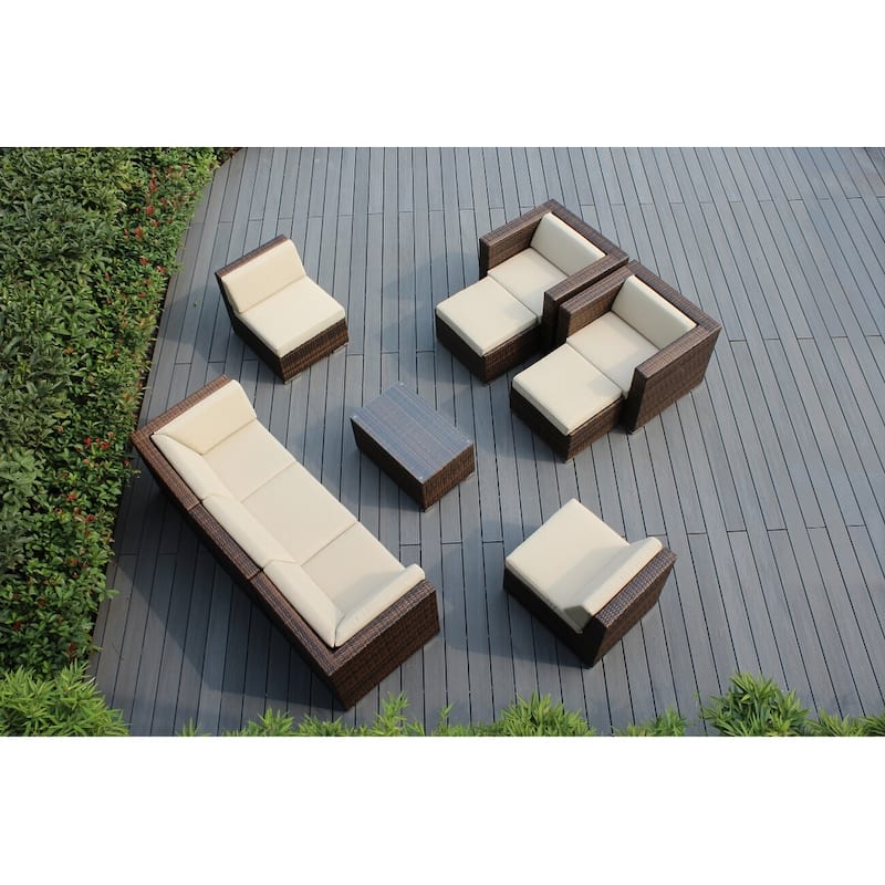Ohana Outdoor Patio 10 Pc Mixed Brown Wicker Seating Set with Cushions - No Assembly - Beige