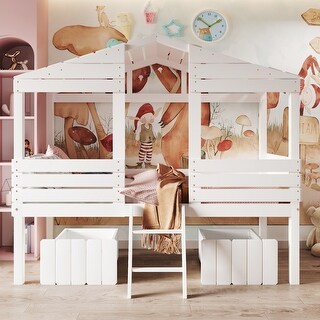 Twin Size Low Loft Bed in Wood, Creativity House Design with Roof and Two Windows, Two Storage Drawers