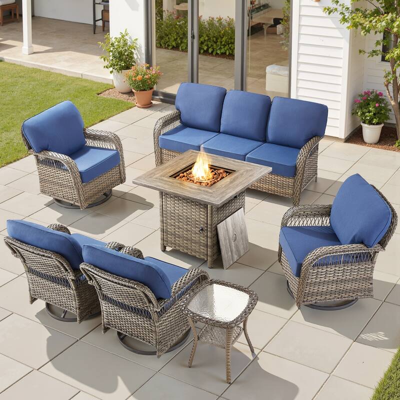Pocassy Outdoor Sofa Ottoman Swivel Chair Table with Fire Table Set. - Gray Wicker Blue Cushion - 7-Piece Sofa Swivel Chair Table w/ Fie Pit Table