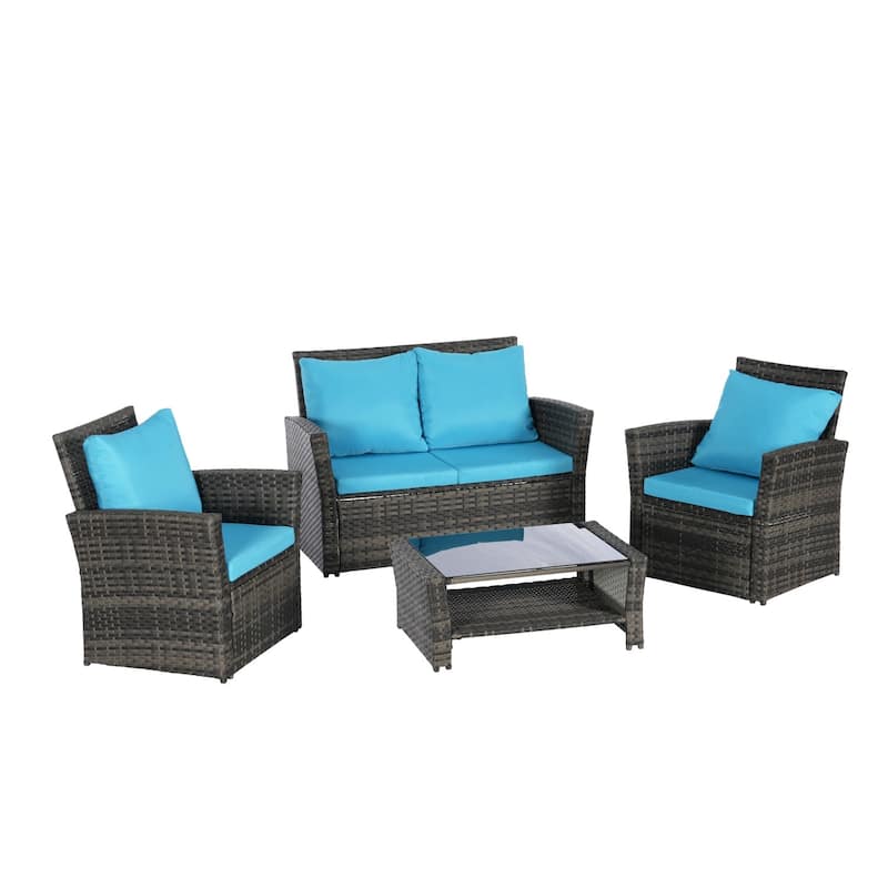 4-Piece Outdoor Grey Wicker Conversation Sofa Set with Coffee Table