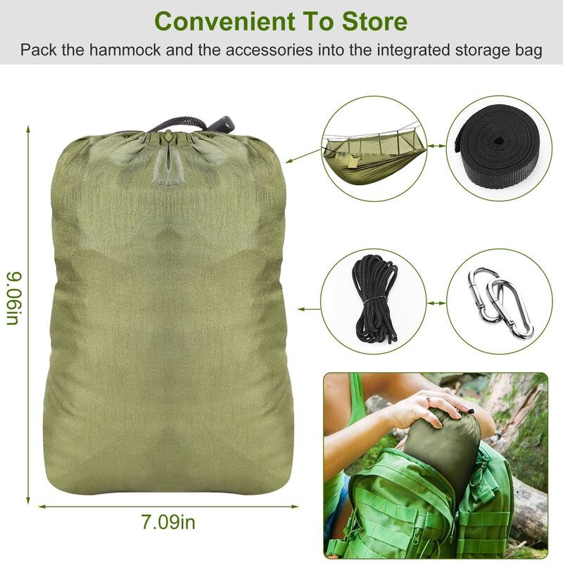 Outdoor Hiking Hammock for 2 Persons with Mosquito Net and Nylon Straps Heavy Duty Steel Carabiners