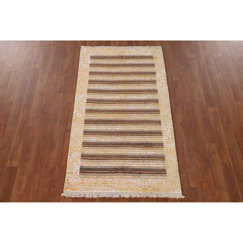 Striped Modern Abstract Accent Rug Handmade Yellow Wool Carpet - 2'9"x 4'10"