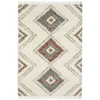 Style Haven Aire Southwest Diamond Ivory/ Multi Shag Tassel Fringe Area Rug.