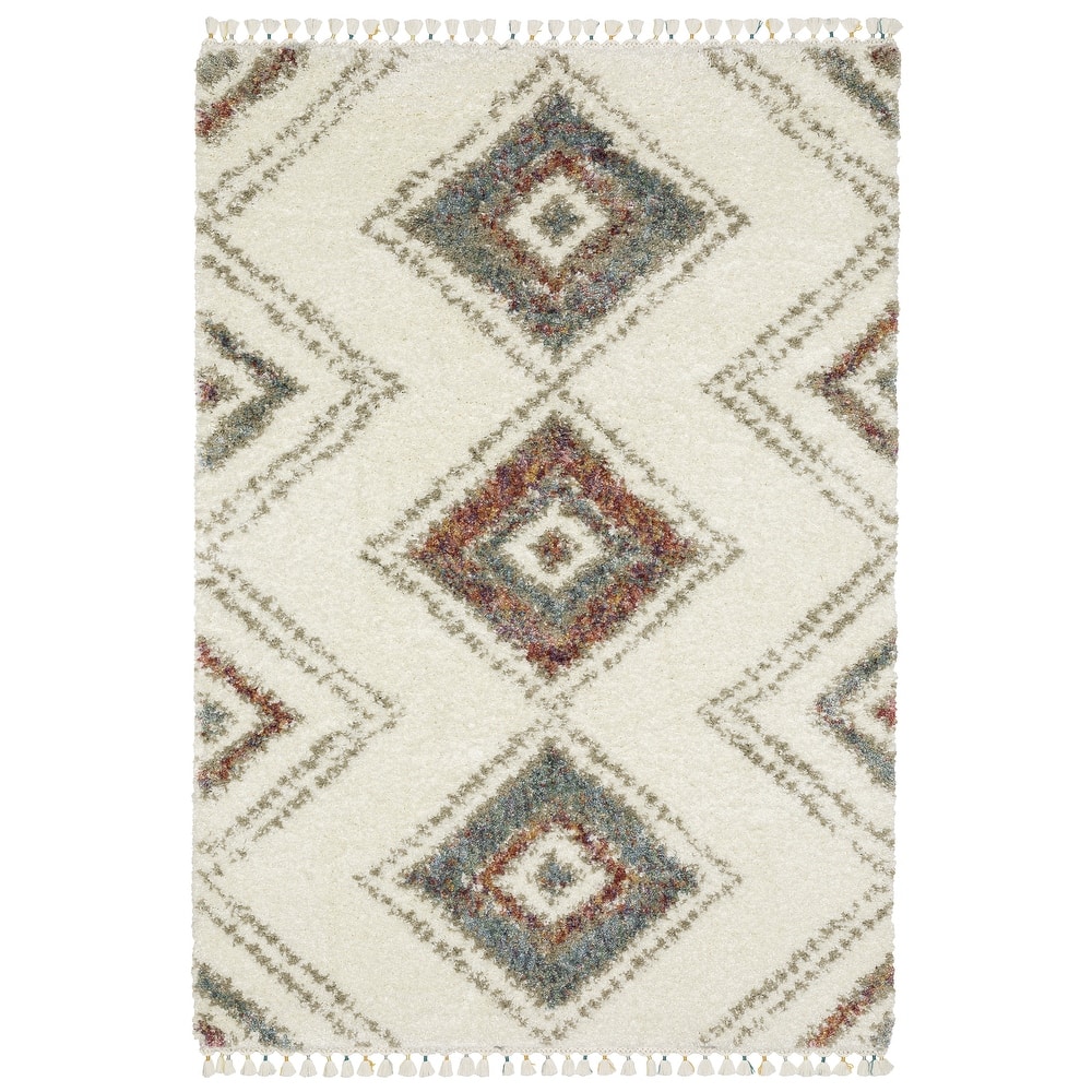 Style Haven Aire Southwest Diamond Ivory/ Multi Shag Tassel Fringe Area Rug.