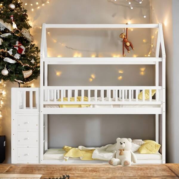 slide 2 of 6, Twin House Bunk Bed with Shelves and Drawers White