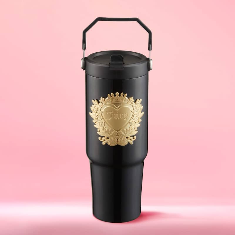 Juicy Couture Flip Flow Hydration Stainless Steel Screw Top Tumbler with Flip Straw and Carry Handle - 30oz - Black