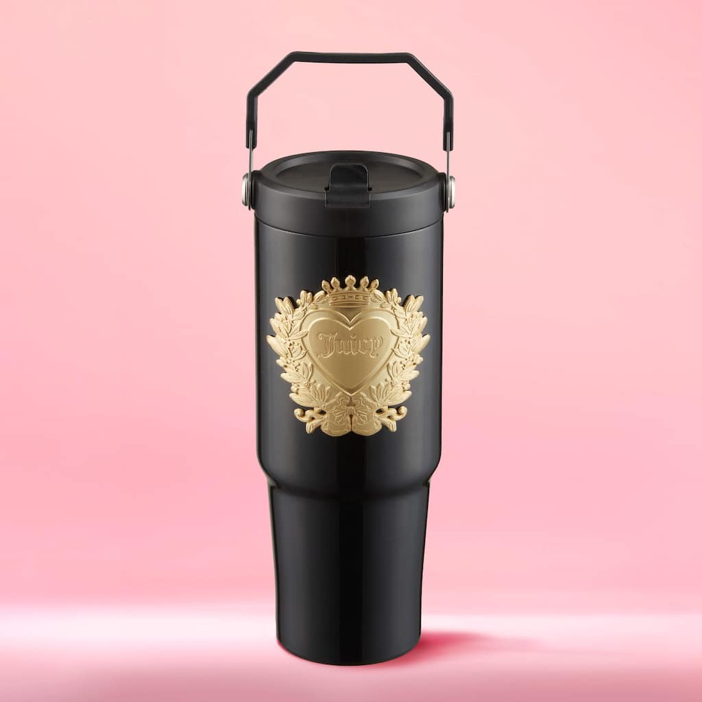 Juicy Couture Flip Flow Hydration Stainless Steel Screw Top Tumbler with Flip Straw and Carry Handle