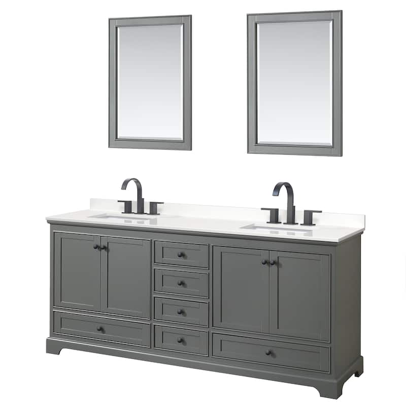 Deborah 80-inch Double Vanity, Quartz Top, 24-inch Mirrors - Dark Gray, Black Trim, White Quartz Top