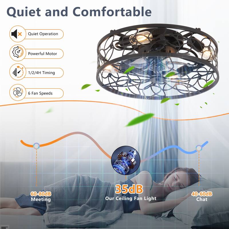 18-inch Black Vintage Caged Ceiling Fan Light - Quiet Operation, Remote Control, Industrial Style(Bulb Not Included)