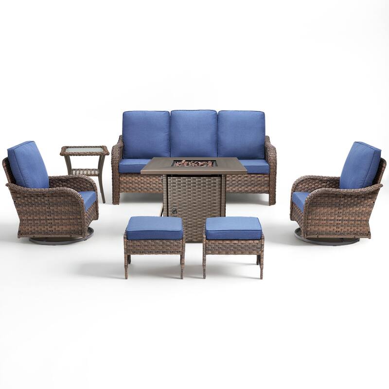 Pocassy Patio Funiture Sofa Swivel Chair Ottoman with Fire Table Set