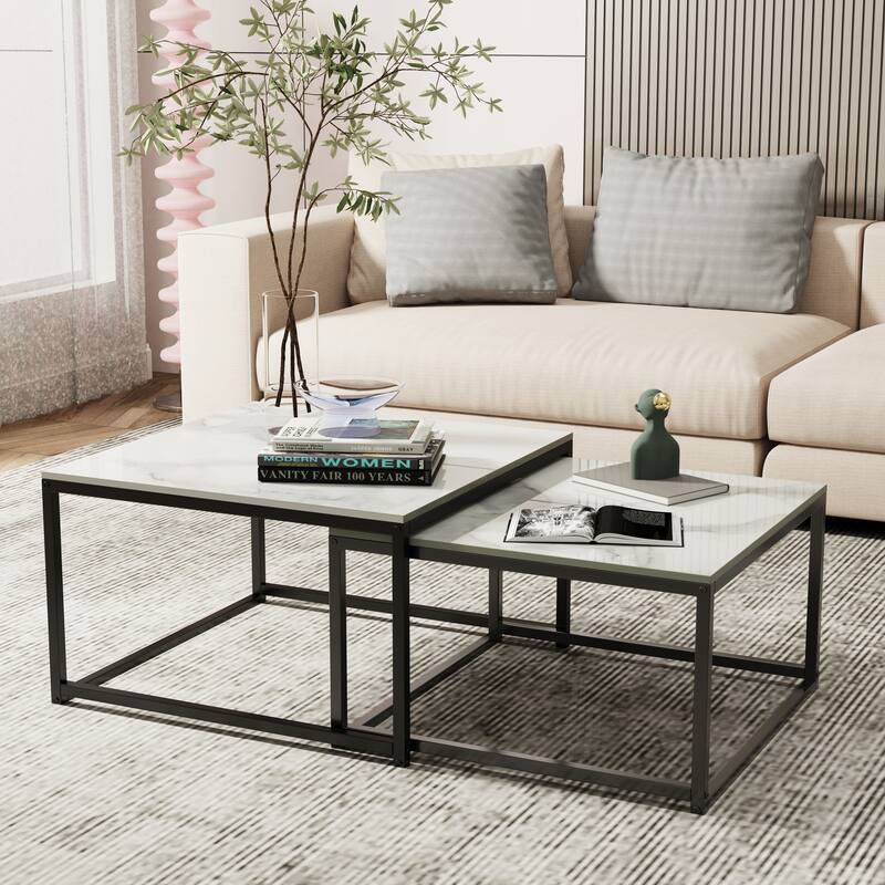Square Sintered Stone top Nesting Coffee Table (Set of 2) - 27.5" x 18.9" - Black/White