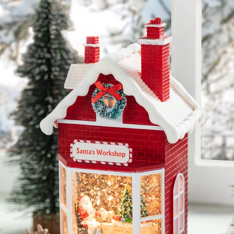 Glitzhome 10.5"H Lighted Swirling Snow Santa's Workshop Waterglobe - LED Snow Globe