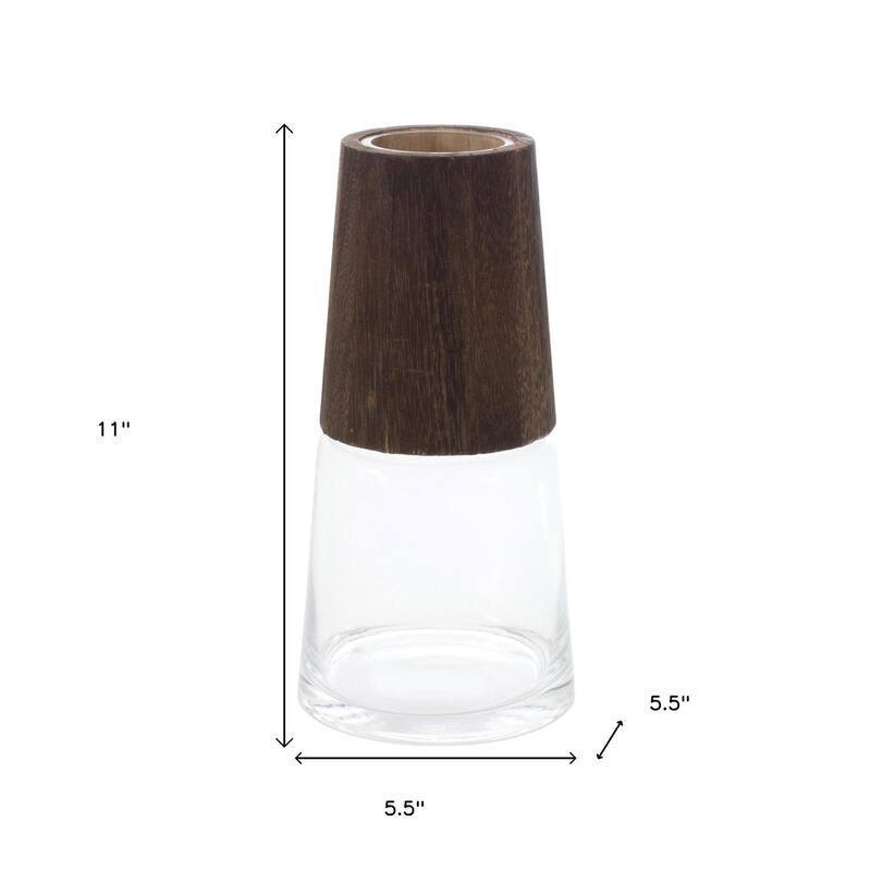 Set of Two Brown And Clear Glass Tapered Table Vases With Wood - 5.50