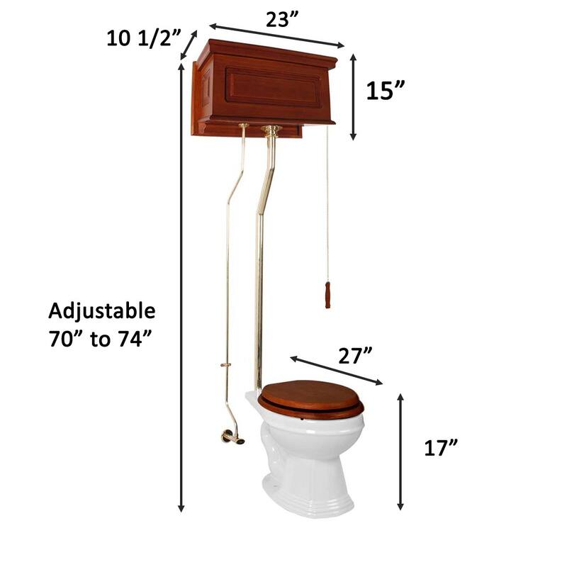 High Tank Toilet - Light Mahogany Raised Tank, Elongated White Bowl and Brass PVD L Pipe Renovators Supply - White