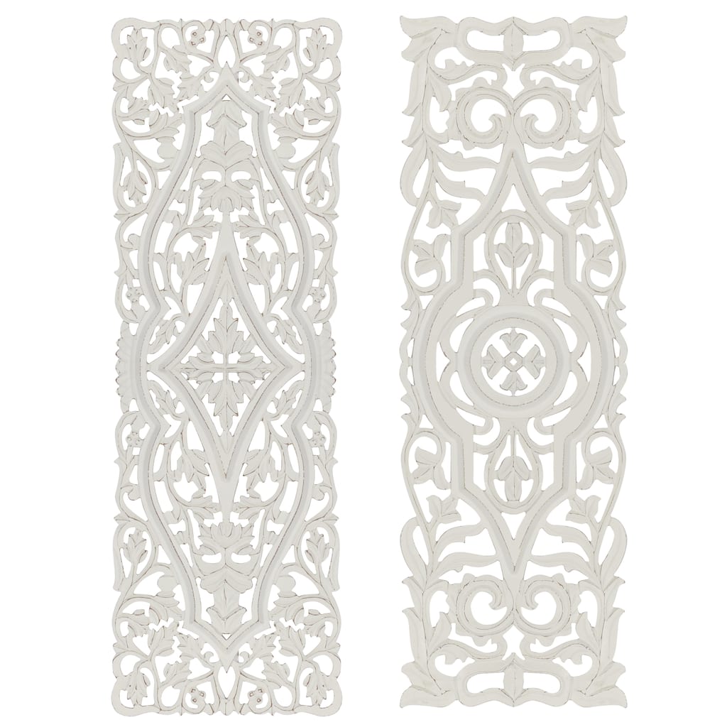 White Wood Handmade Intricately Carved Arabesque Floral Home Wall Decor (Set of 2)