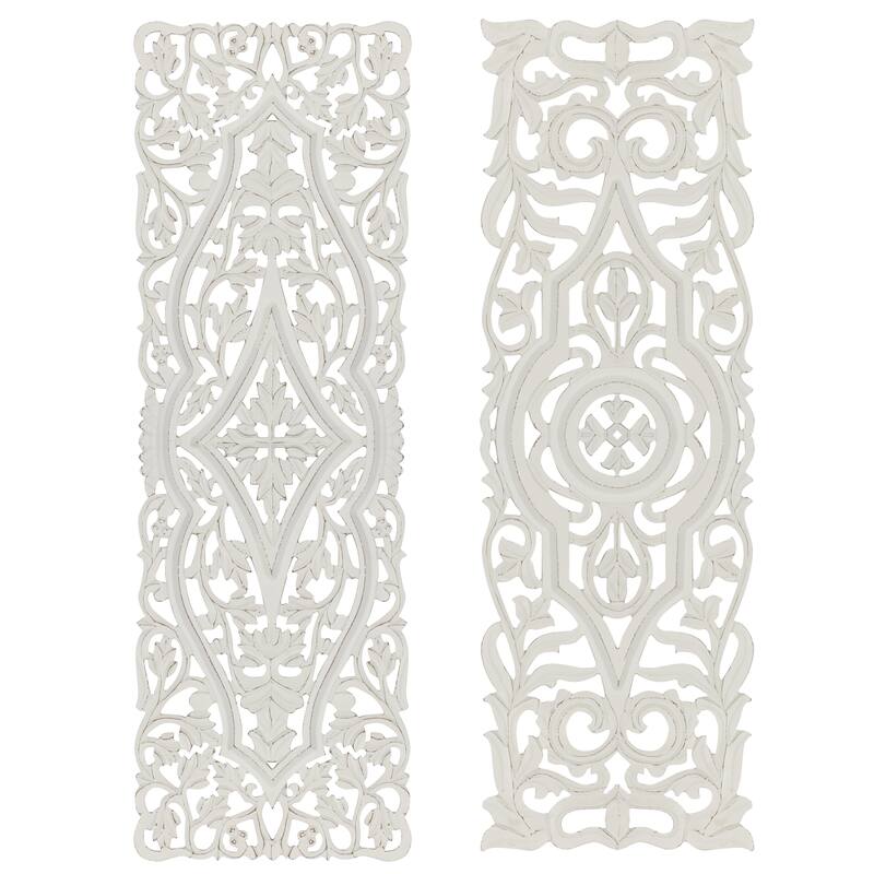 White Wood Handmade Intricately Carved Arabesque Floral Home Wall Decor (Set of 2)