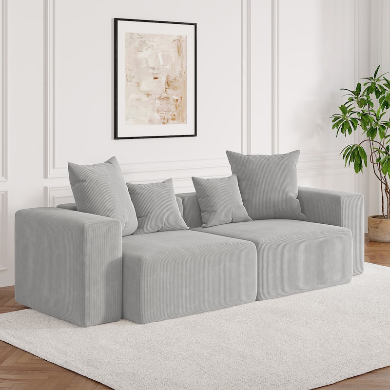 Corduroy Upholstered Modular Sectional Sofa with Ottoman - Light Grey-2 piece - Symmetrical