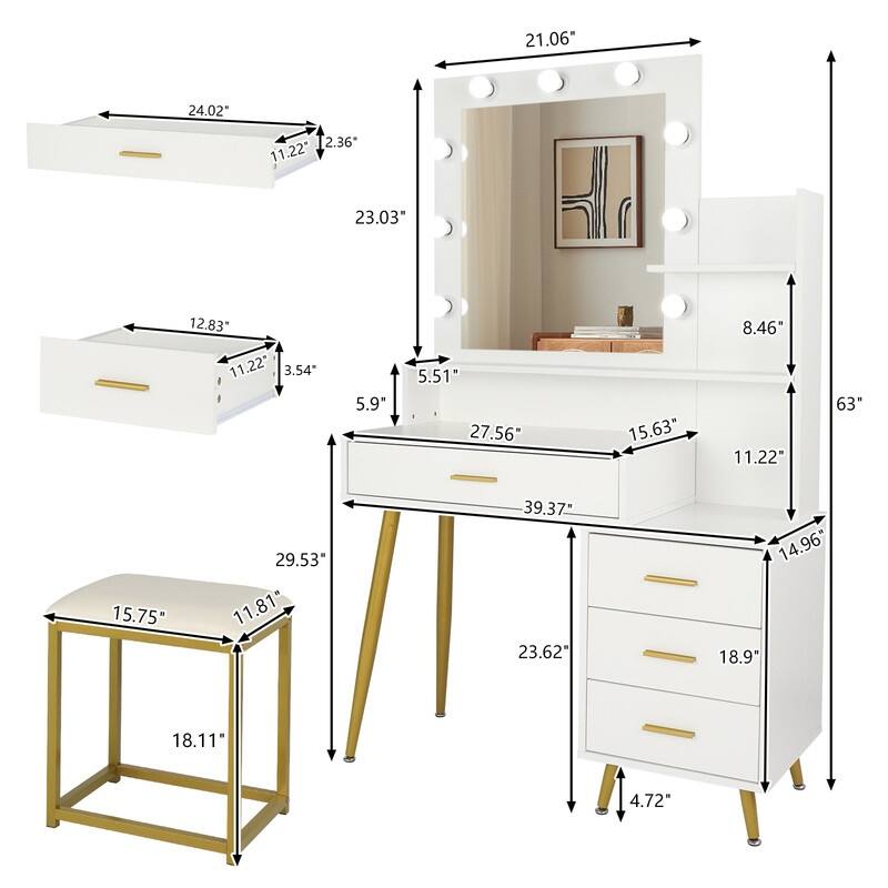 4-Drawer Large Makeup Vanity Set with 9 LED Bulbs