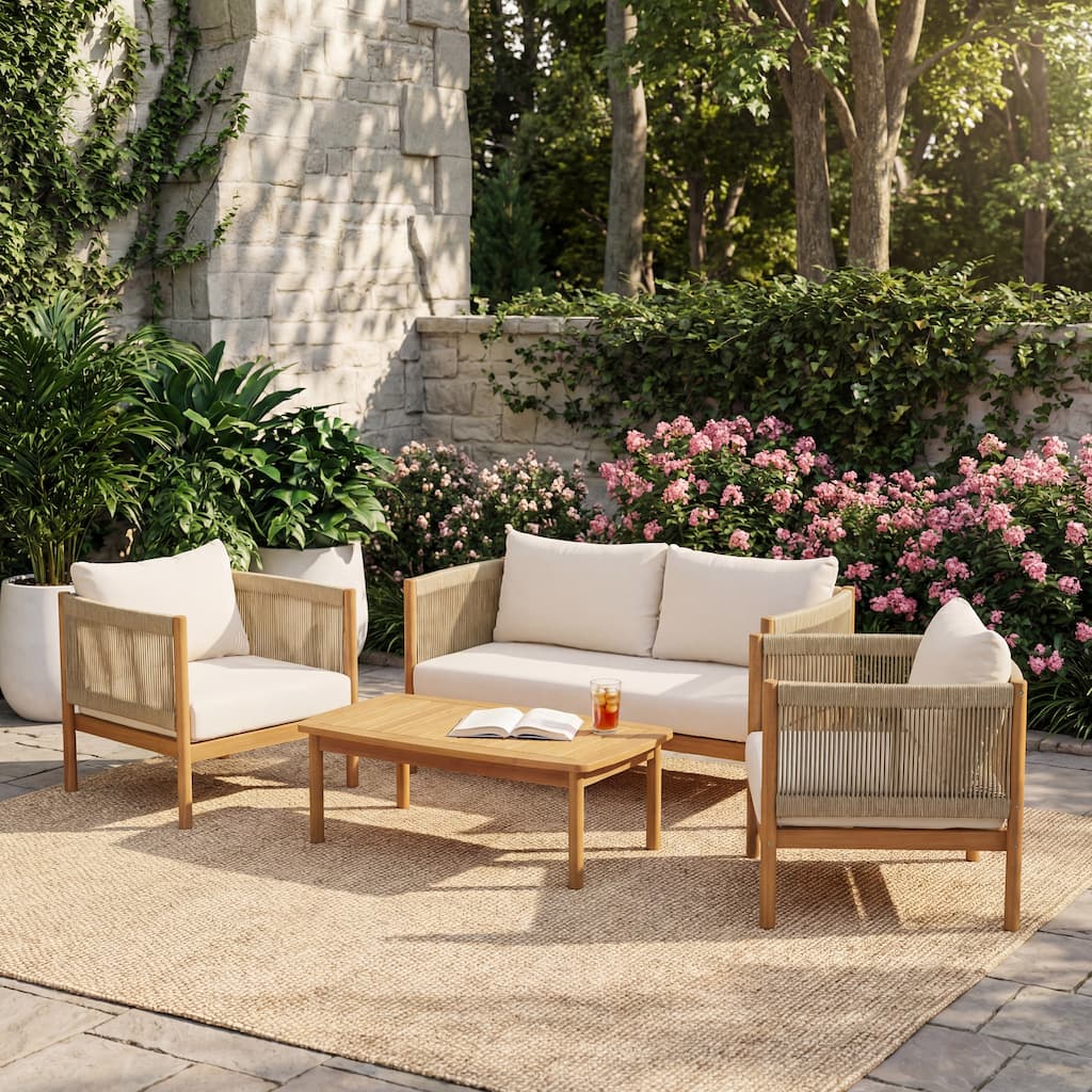 Christopher Knight Home - Outdoor Acacia Wood 4-Piece Patio Sofa Set with Rope Panels and Cushions