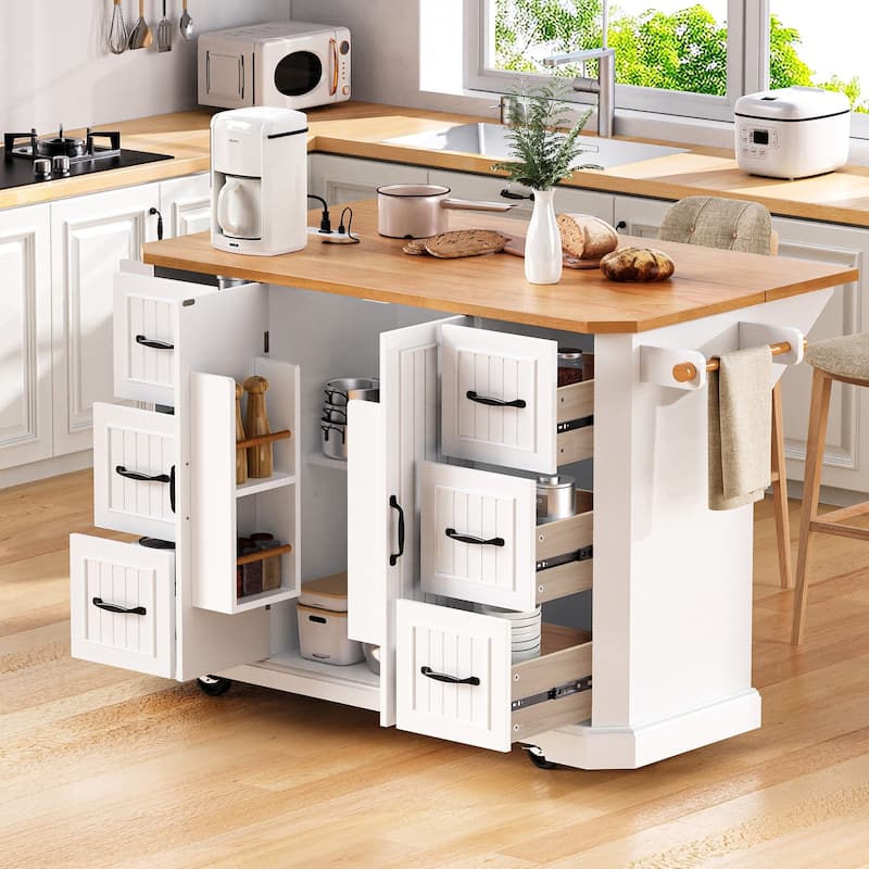 Farmhouse Kitchen Island with 6 Drawers, 4 Interior Storage Shelves, Electrical Outlets, Spice and Towel Racks, for Kitchen - White