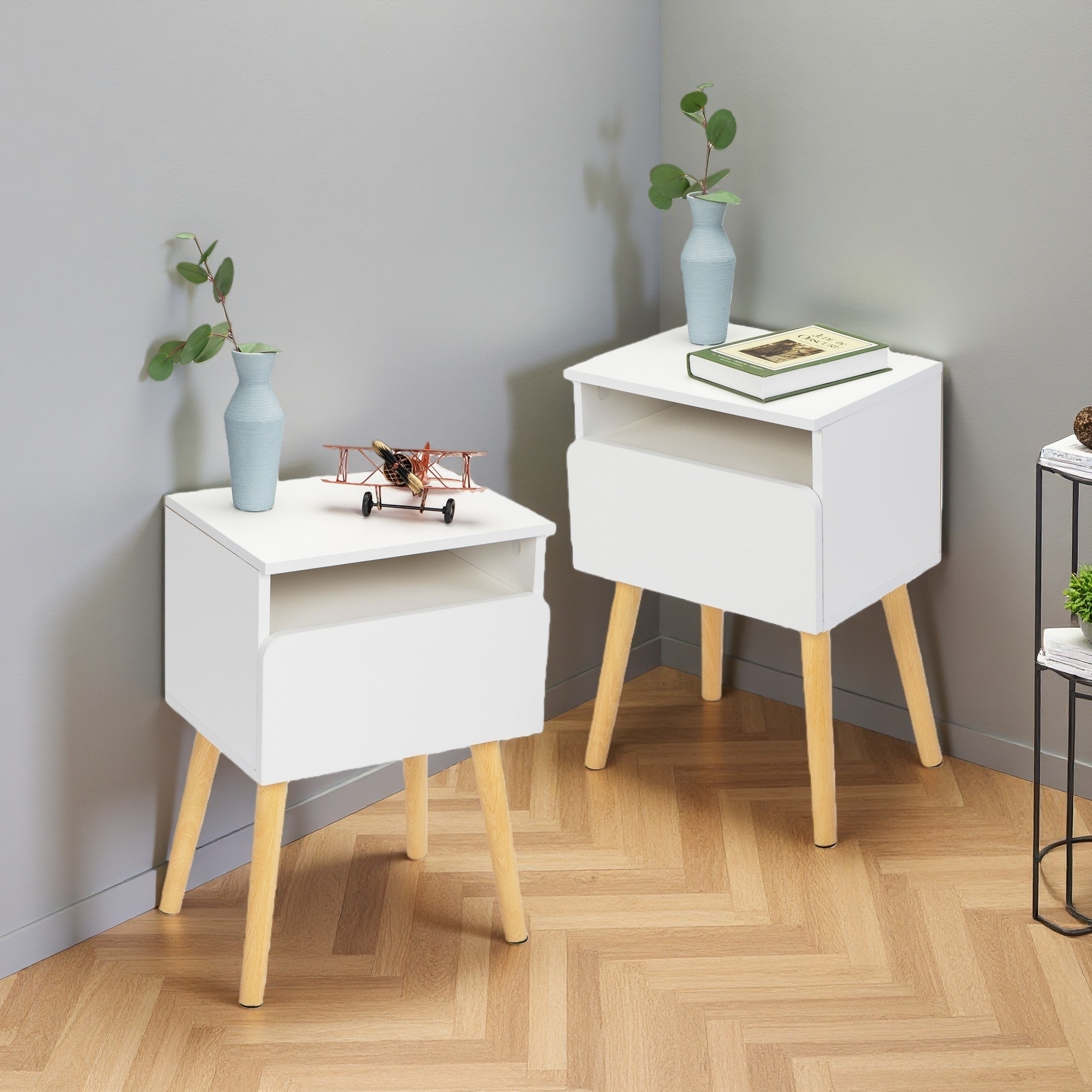 15.7"L Set of 2 P2 PB Modern Nightstand with Drawer & Open Shelf, Wooden Bedside Tables with Pine Legs for Bedroom & Living Room