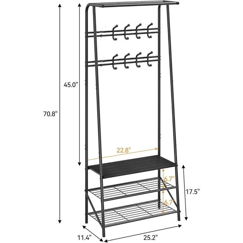 Hall Tree With Shoe Storage Bench, 4-In-1, Steel Frame With 10 Hooks for Entryway, Freestanding Coat Rack Stand for Home - N/A
