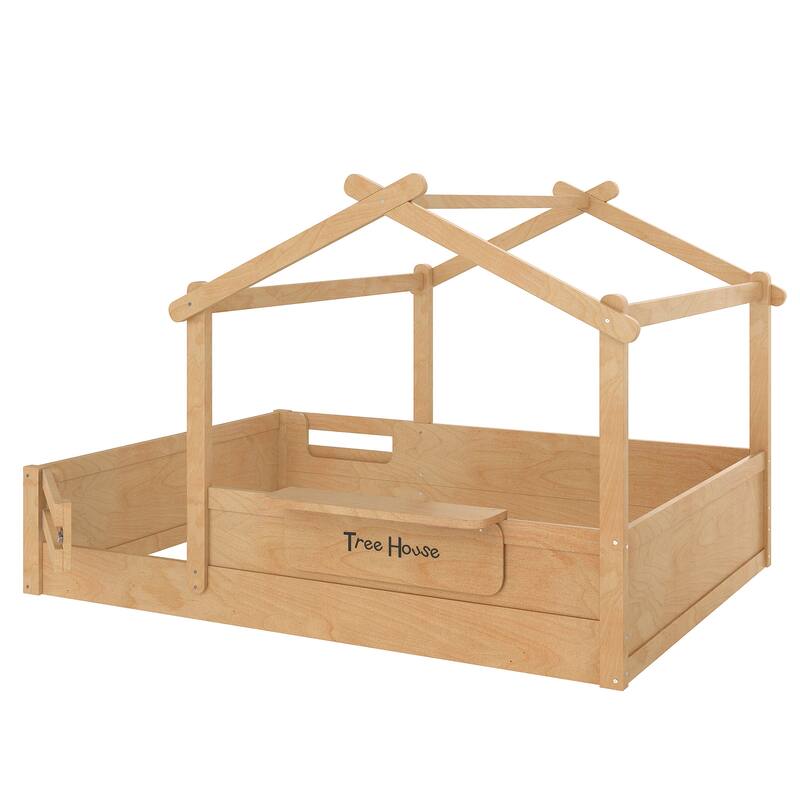 Kids House Floor Bed with Guardrails, Roof & Built-in Tray - Queen/Full/Twin Size, Childlike Design