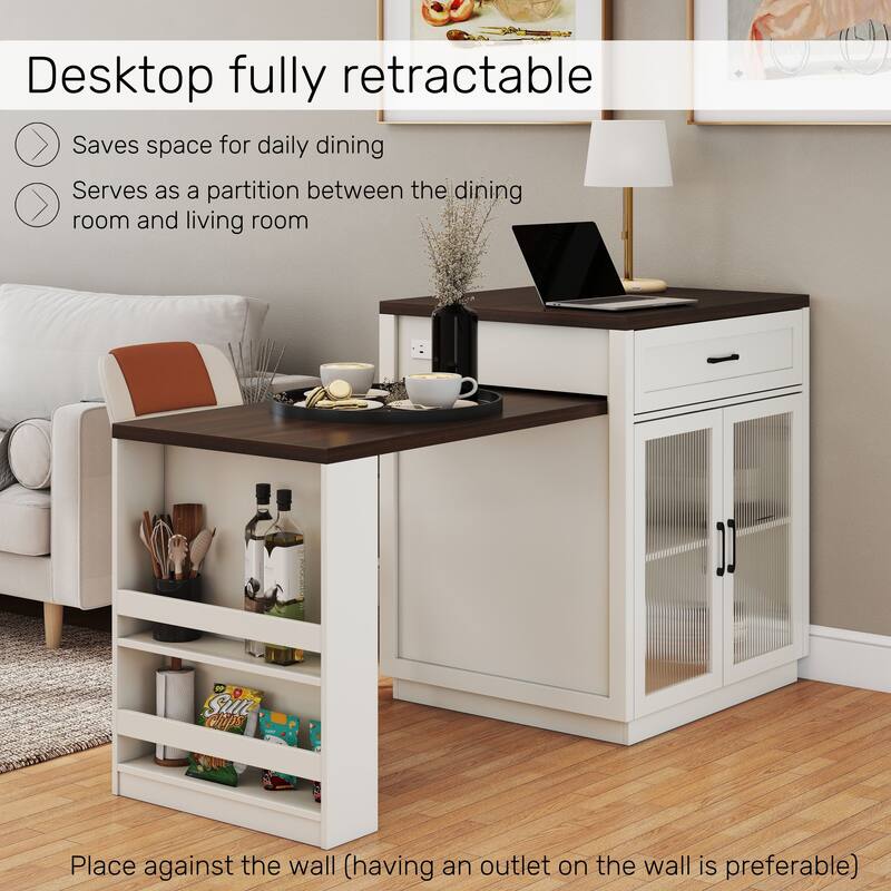 83.1"Extendable Kitchen Island with Slide Out Table and Storage Racks,Kitchen Island with Tempered Glass Doors,Power Outlet