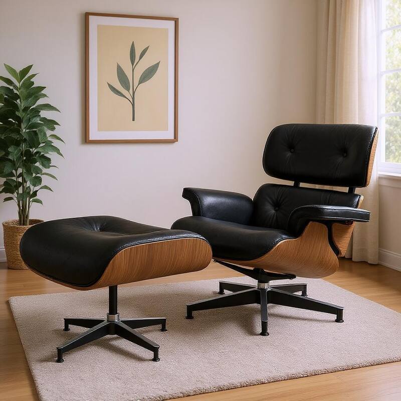 HomeRoots 27" Black and Light Brown Tufted Genuine Leather Swivel Lounge Chair With Ottoman - 27.17 in. x 27.50 in. x 20.47 in. - 27.17 in. x 27.50 in.  x 20.47 in.
