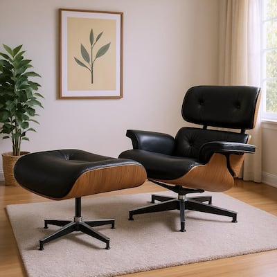 HomeRoots 27" Black and Light Brown Tufted Genuine Leather Swivel Lounge Chair With Ottoman - 27.17 in. x 27.50 in. x 20.47 in.