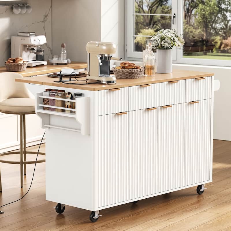 55.5" Fluted Kitchen Island with Drop Leaf, Power Outlet, 4 Doors & 3 Drawers