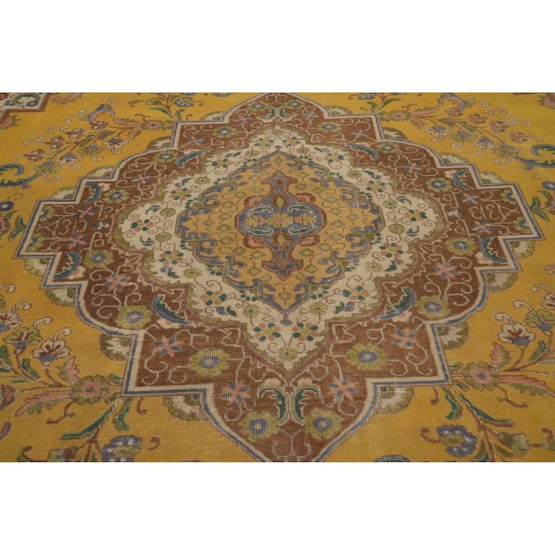Hand Knotted Oriental 100% Wool Carpet Traditional Floral Yellow & Gold Tabriz Area Rug - 12' 3'' X 9' 7''
