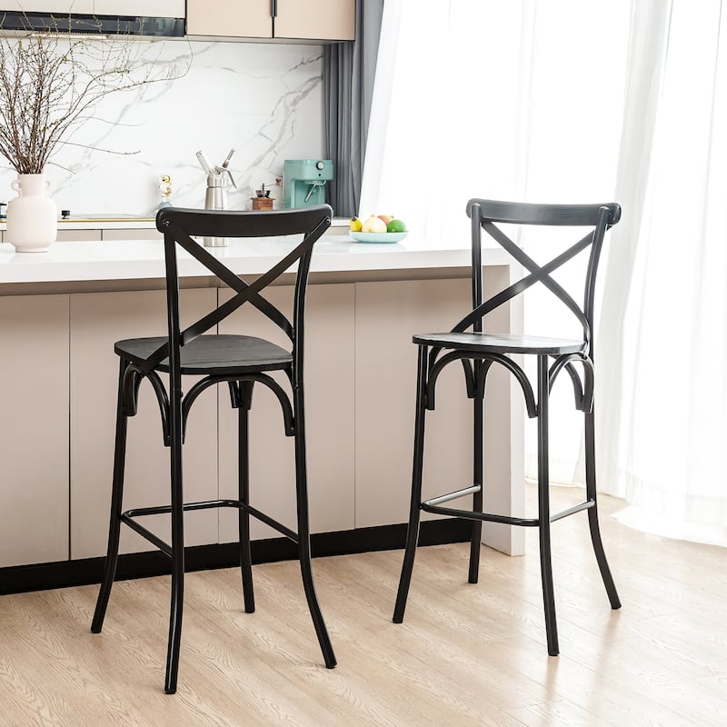 Glitzhome Industrial Rustic High Bar Stools with Wood Seat - Set of 2 - Black with Back