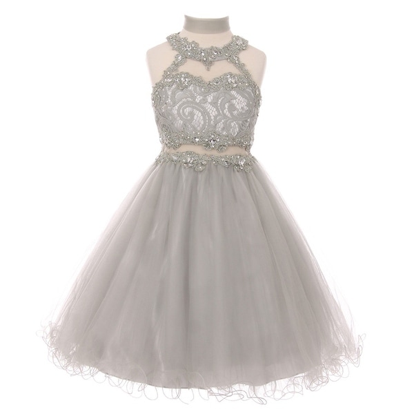 Little S Silver Rhinestone Halter Neck Lace Tulle Flower Little S Silver Rhinestone Halter Neck Lace Tulle Flower Dress 6