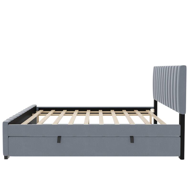Wood Platform Bed Frame Velvet Upholstered Panel Bed with Wheel Pull-out Trundle Bed, Bedroom Furniture