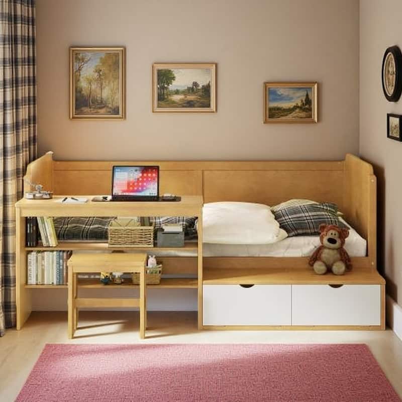 Twin Size Daybed with Built-In Desk, Shelves, Lockers & Matching Stool, Multifunctional Wood Bed Frame in Natural Finish - Natural