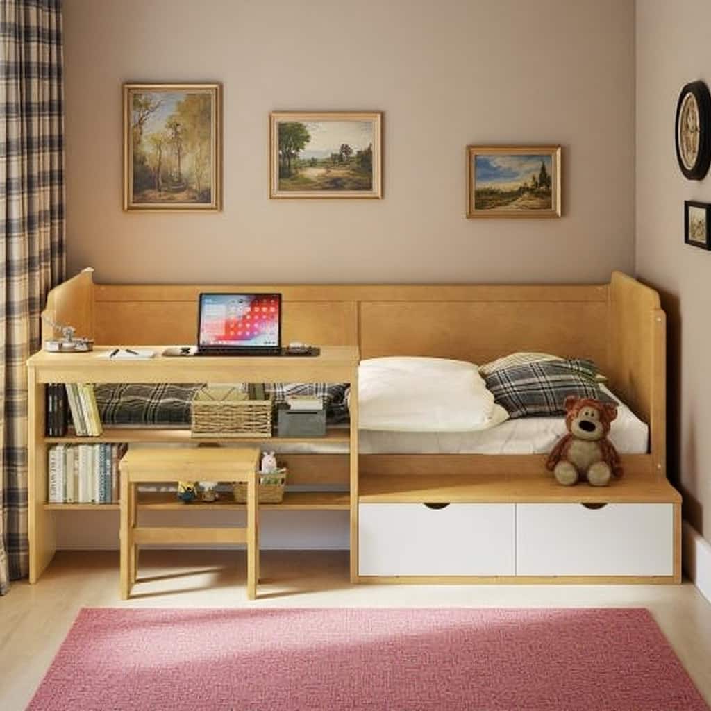 Twin Size Daybed with Built-In Desk, Shelves, Lockers & Matching Stool, Multifunctional Wood Bed Frame in Natural Finish