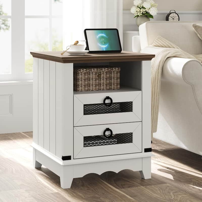 Farmhouse Nightstand 18" inch Side Table with Charging Station Bedside Table with 2 Drawers Night Stand
