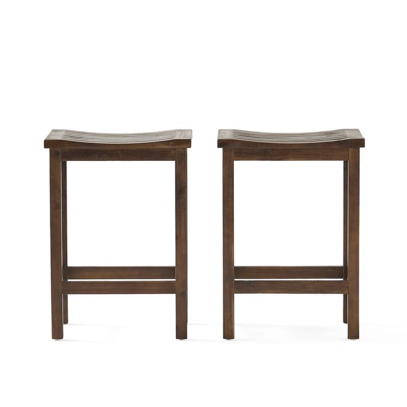 Roomfitters Outdoor Acacia Wood Bar Stool Set of 2, 24'' Counter Height Backless Patio Stools with Curved Seat, Mahogany Brown
