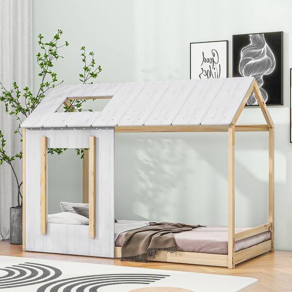 slide 2 of 8, Twin Size House Platform with Roof and Window , White+Natural