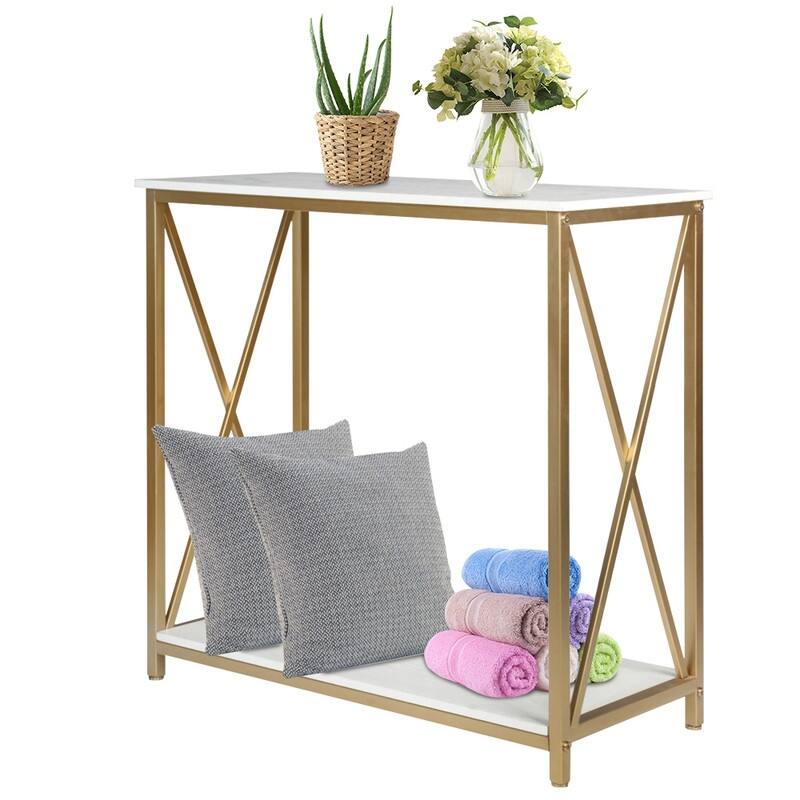 2-Tier Console Table, Gold Sofa Entry Table with Faux Marble Top