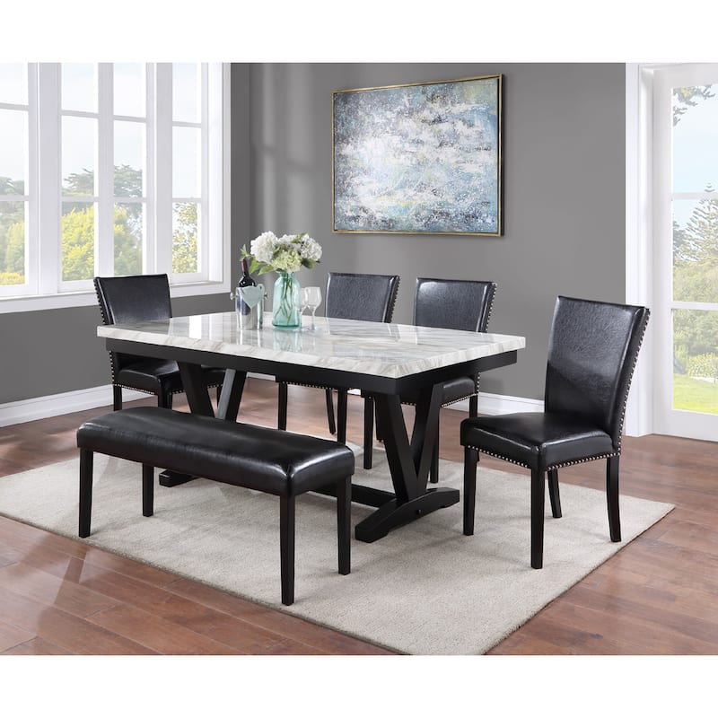 Modern White Faux Marble & Black Dining Room Rectangular Table V-Shape Trestle Design Wooden Base 1pc Furniture