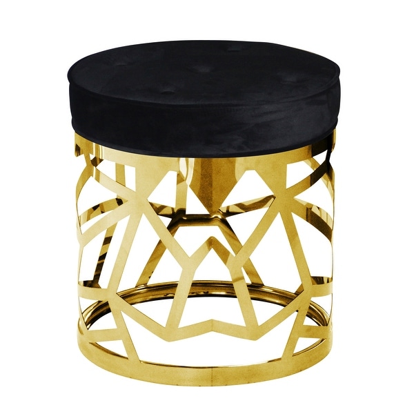 Round Fabric Upholstered Ottoman with Cut Out Metal Frame, Black and Gold