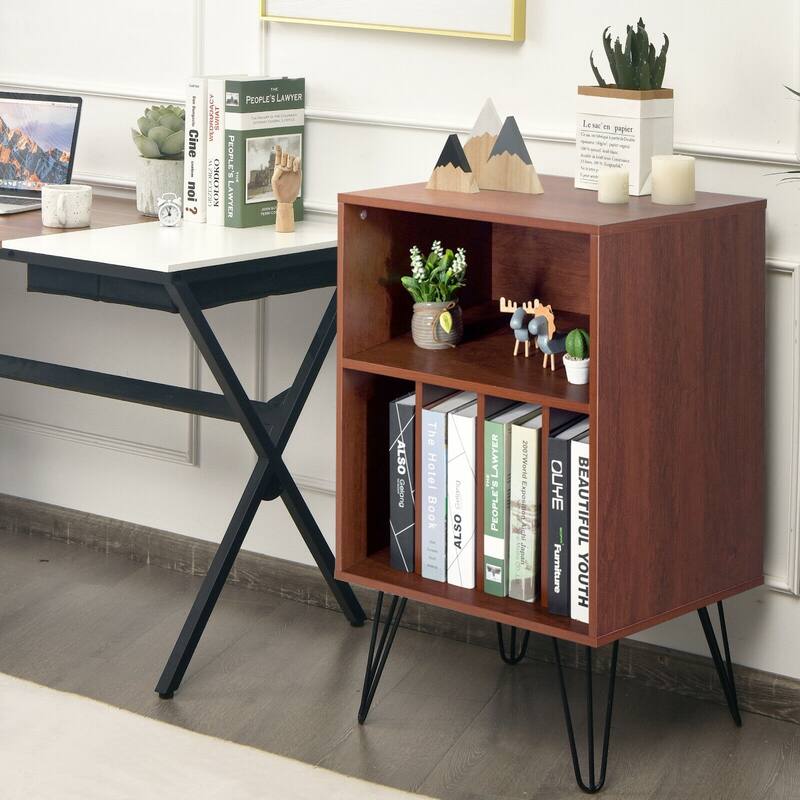 Freestanding Record Player Stand with Storage and Metal Legs